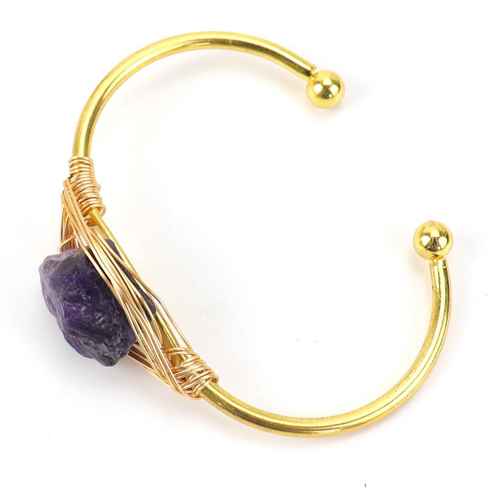 Handmade Gold Winding Natural Crystal Rough Stone Amethyst Bracelet, Bracelet Opening Adjustable B07