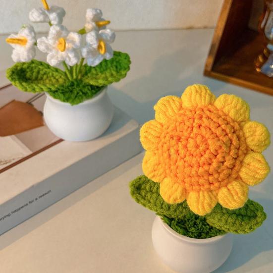 Håndheklet Blomster Håndlaget Liljekonvall Plante Ferdig Heklet Potte Solsikke Kunstig Forglemmegei Blomst for Hjem Skrivebordsdekorasjon