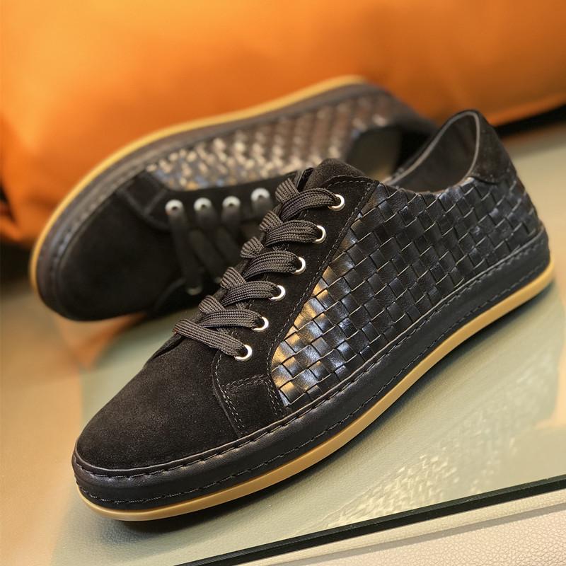 European Style Black Men Suede Shoes Genuine Leather Casual Sneakers Weaving Pattern Nature Leather Men Urban Daily Casual Shoes