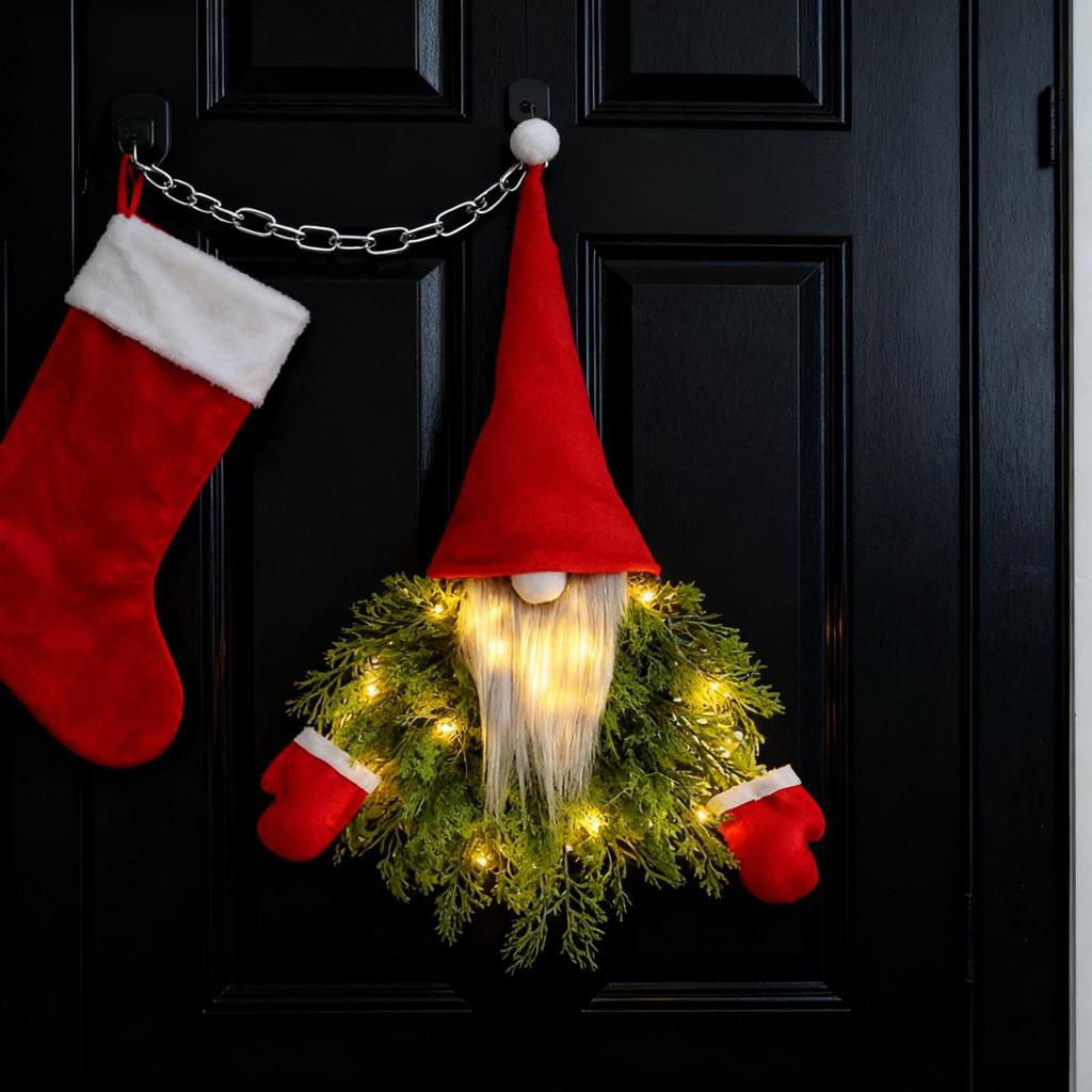 Festive Light-Up Gnome Ornament with Pine Branch for Wall & Door Décor