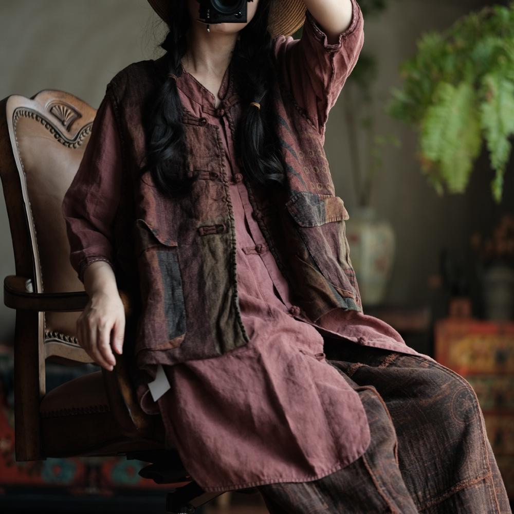 Johnature Damen Vintage Print Blumen Westen Mäntel V-Ausschnitt Ärmellos Knopf Patchwork Taschen Herbst Plus Baumwolle Westen