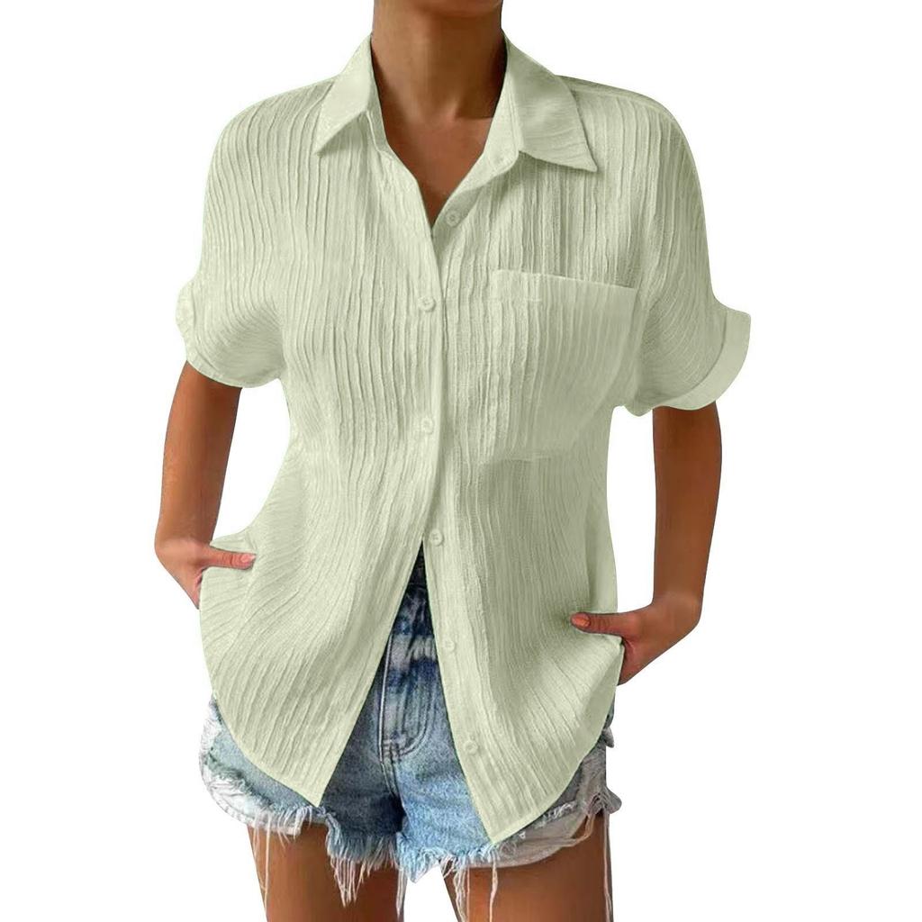 Open Front Shirt Patch Pocket Solid Casual Collar Insert Sleeve Women's Short Sleeve Shirt