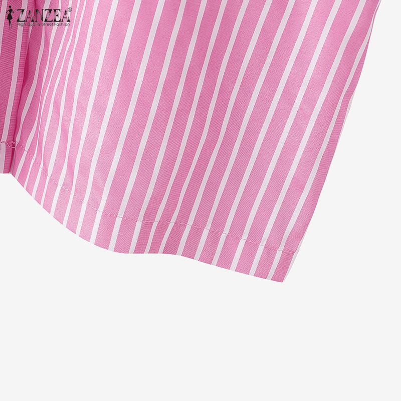 ZANZEA Women Turn Down Collar Loose Casual Short Sleeve Stripe Blouse