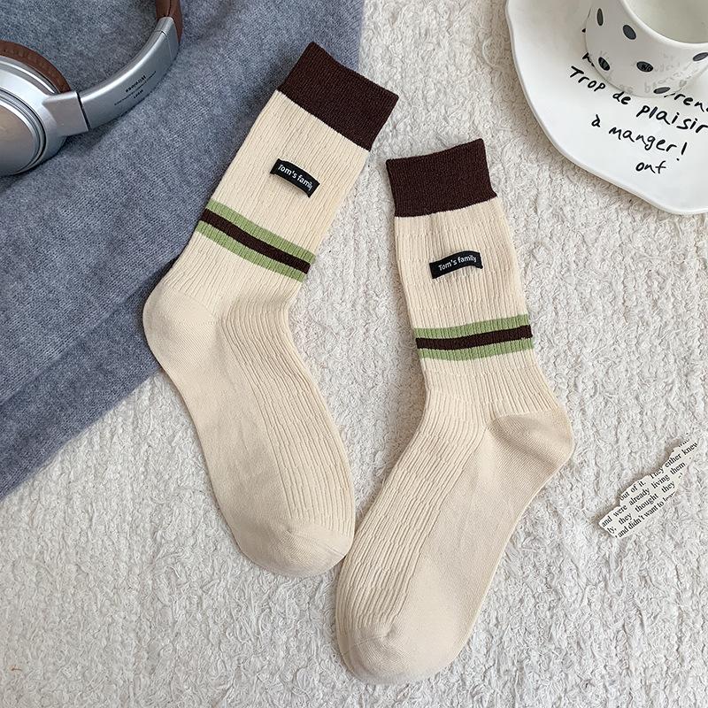Women's Autumn Mid-calf Socks, Retro Color-blocking Striped Fabric Label Trendy Socks, Boneless Pile Socks