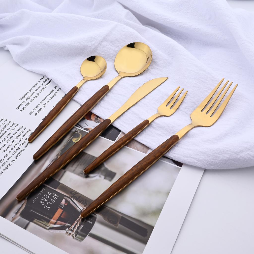 20 piezas/5 piezas de vajilla de acero inoxidable cuchillo tenedor cuchara espejo plata dorado mango de madera lavavajillas cocina cubiertos occidentales