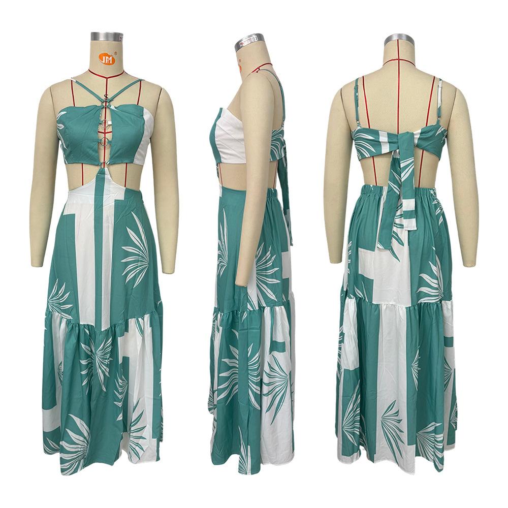 European and American sexy women's new halter strapless casual geometric pattern hollow-out dress