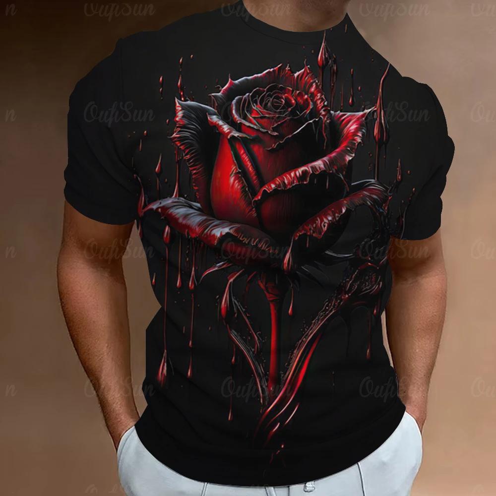 Mote Herre T-skjorte 3D Blomsterprint Kortermet Topper Street Casual Rose T-skjorte Streetwear Oversized T-skjorte Herreklær