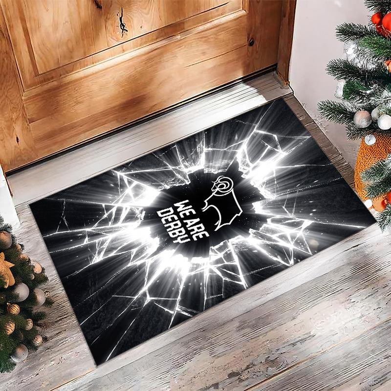 Derby County Football Print Crystal Velvet Rug, Comfortable Water Absorbent Non Slip Indoor Floor Carpet