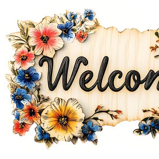 Floral Wooden Welcome Sign Front Door Sign Ornaments Flower Hanging
