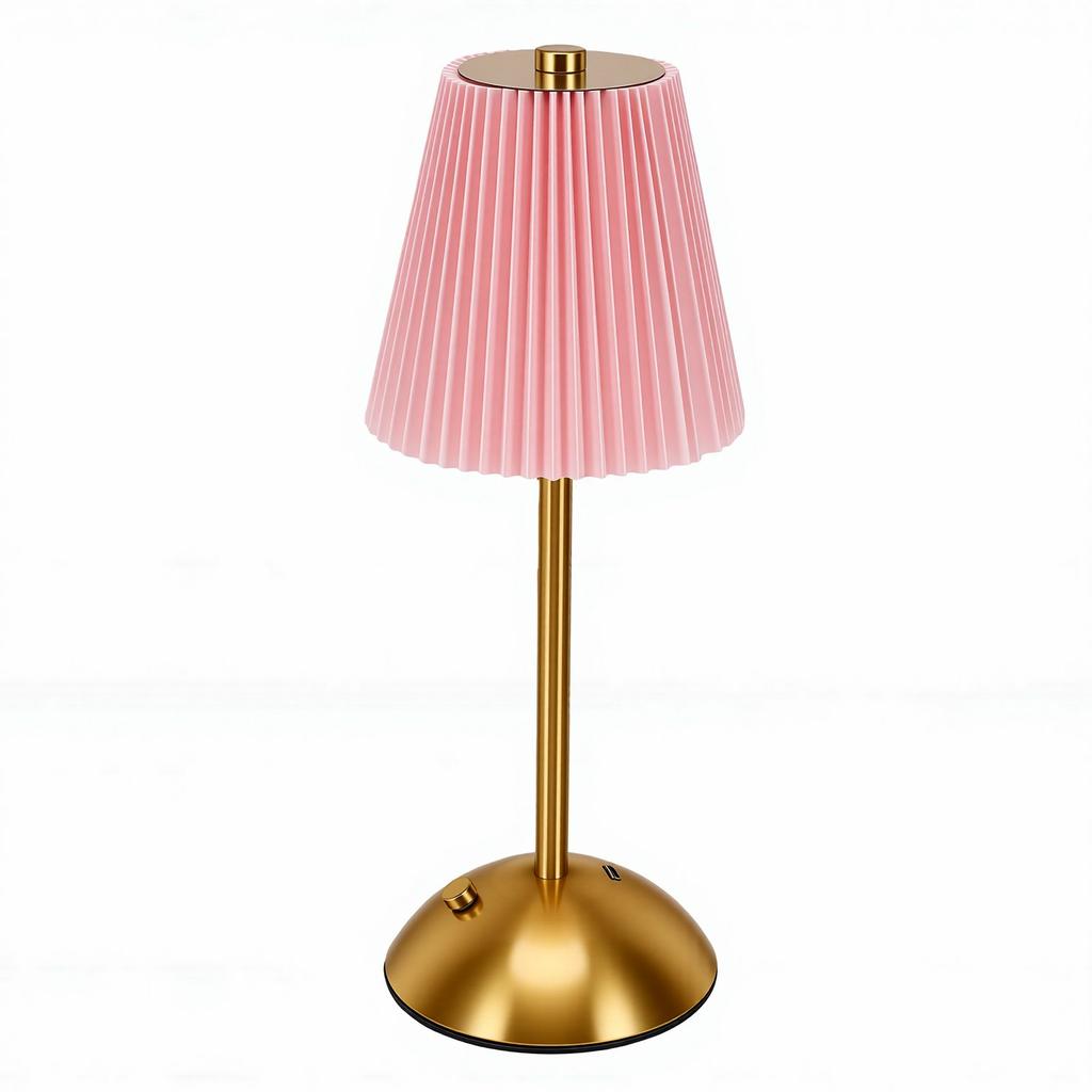 Pleated Table Lamp Metal USB Rechargeable Cordless Vintage Nightstand Lamp Decor for Bedside Living Room