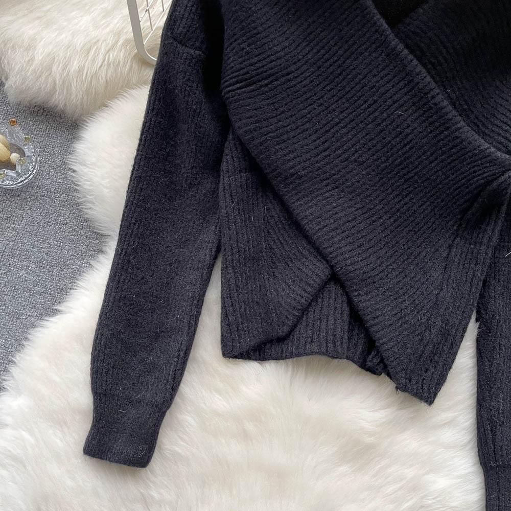 Herbst und Winter Koreanische Kreuz V-ausschnitt Unregelmäßige Lose Dünne Faul Wind Temperament Gestrickte Pullover