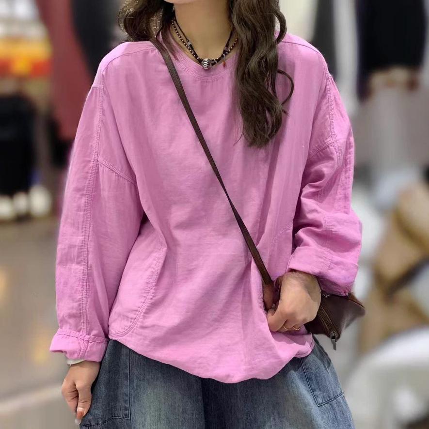 

Весенняя корейская двухслойная хлопковая и льняная футболка с круглым вырезом, свободная универсальная, с длинными рукавами, повседневный топ One size