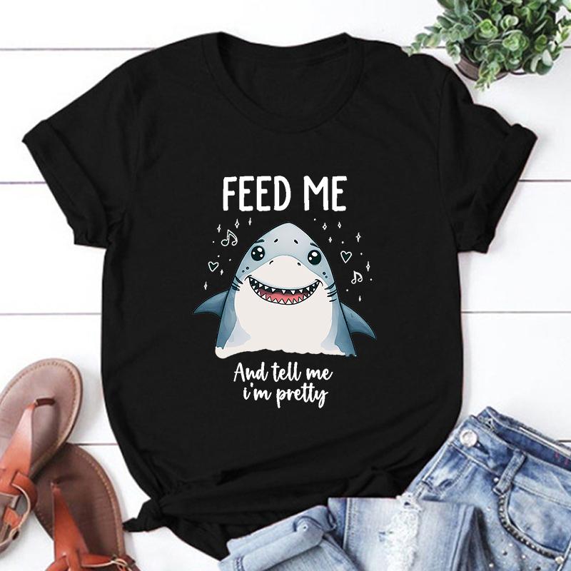 Hot Shark Feed Me And Tell Me I'M Pretty Print Unisex T-Shirt Loose Short Sleeve Harajuku Casual Tops Women T-Shirt