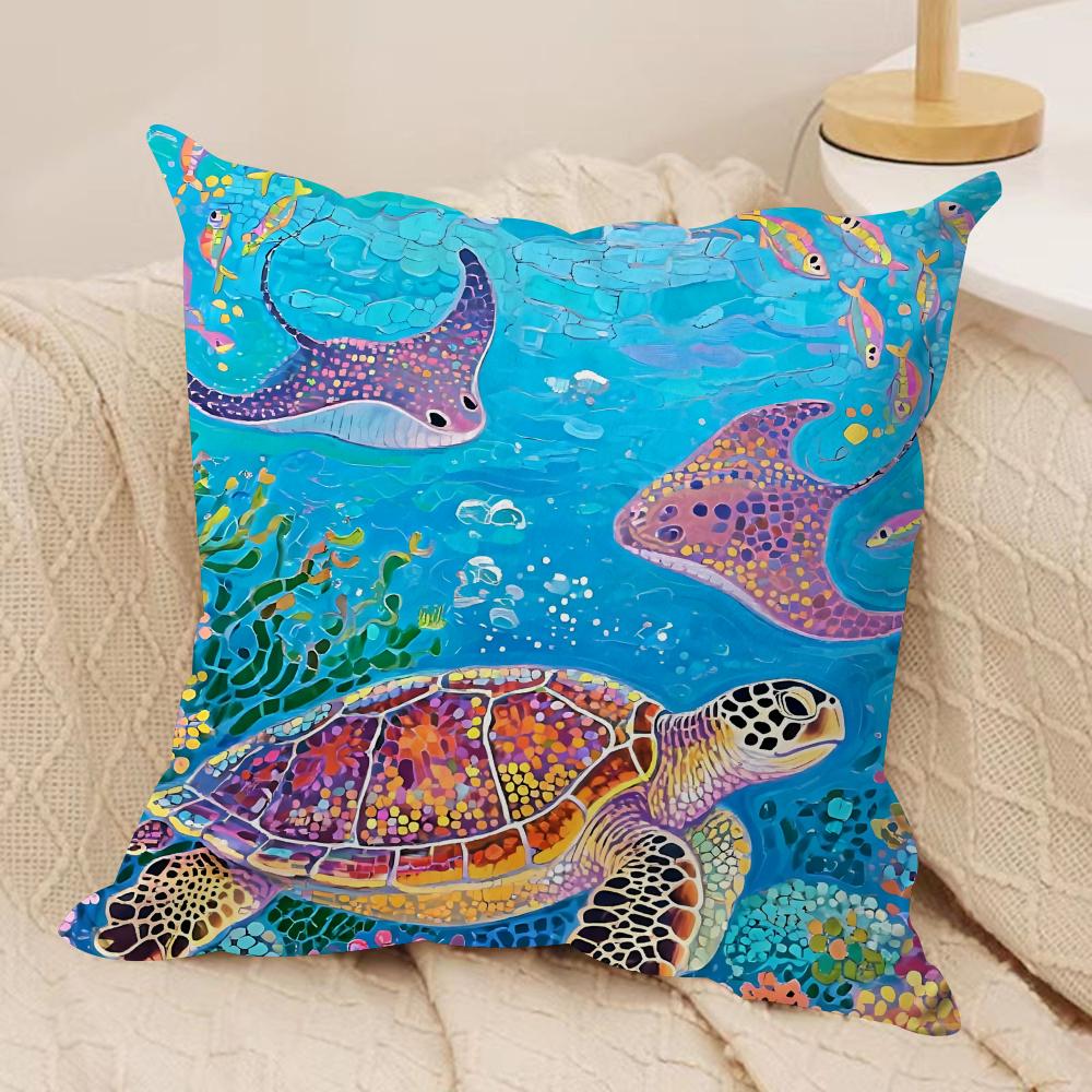 Marine Animals Summer Ins Cushion Cover Silky Short Plush Invisible Zipper Dustproof Sofa Pillow Case For Home Decor