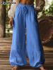Autumn New Women's Pants Solid Color Fashion Casual Loose Bohemian Pocket Drawstring Elastic Waist Wide Leg Pants
