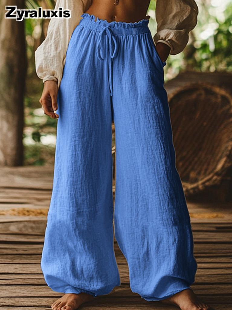 Autumn New Women's Pants Solid Color Fashion Casual Loose Bohemian Pocket Drawstring Elastic Waist Wide Leg Pants