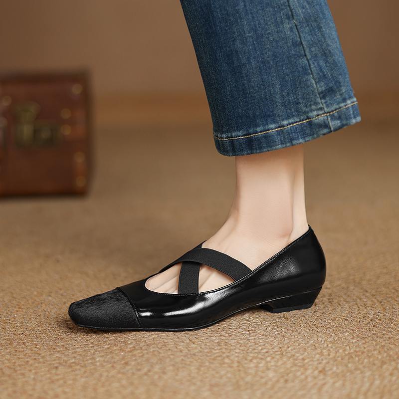 Krazing Pot Cow Skin Spring Summer Size 41 Horsehair Thick Low Heels Women Square Toe Basic Clothing Shallow Pumps
