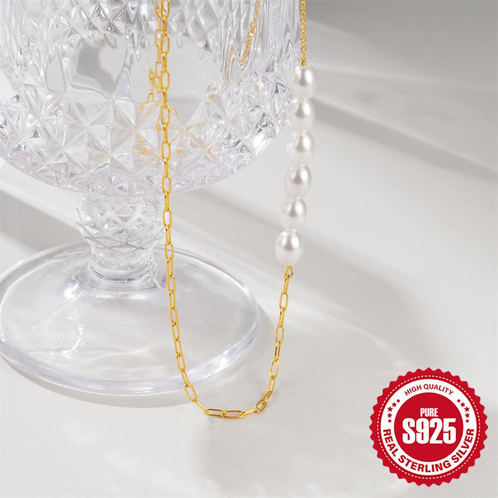 Style Japonais Et Coréen S925 Argent Sterling Double Épingle à Papier Avec Un Sens Du Design Collier Ras Du Cou Tendance Avec Perle