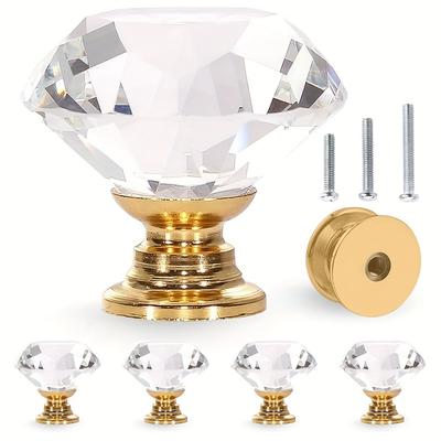 5/10pcs 30MM Crystal Clear Glass Dresser Knobs, Gold Color Imitation Diamond Drawer Knobs (Single Hole with Three Different Size Screws)