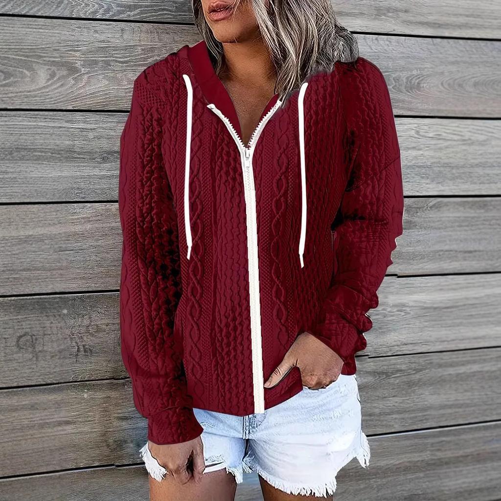 Oversize S-5XL Donna Autunno Inverno Cappotti Casual Manica Lunga Jacquard Tessuto Con Cappuccio Top Moda Cerniera Solido Felpe Donna