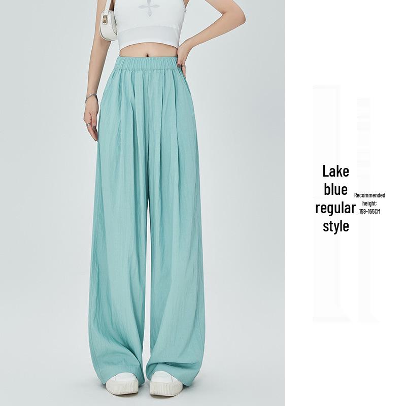 Women's Summer Blue Wide-Leg Ice Silk Pants - Casual Pleated Zen Style