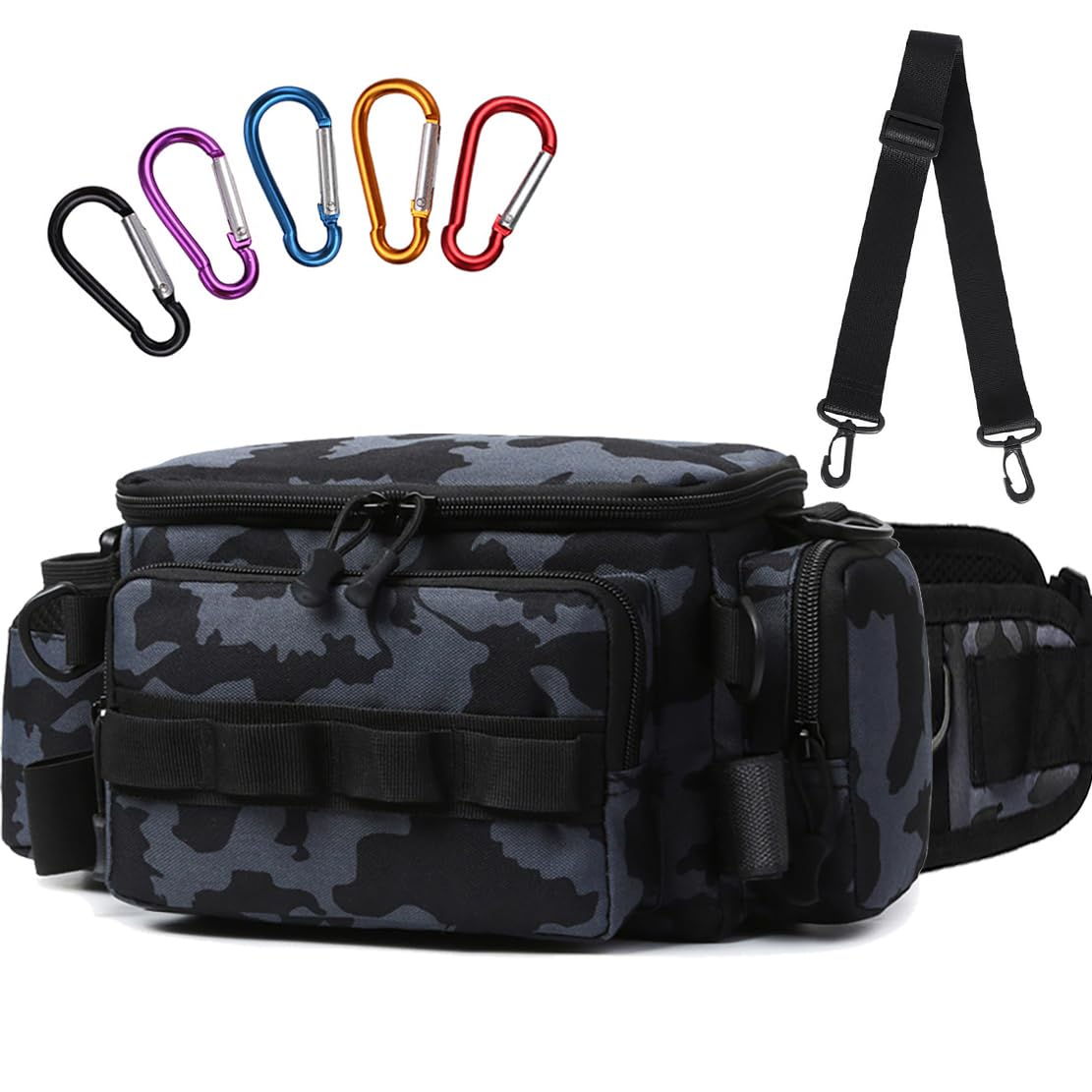 

Cyoua Fishing Bag, Shoulder Bag, Tackle Bag, One-Shoulder Bag, Large Capacity, Waterproof, Multifunctional, with 5 Carabiners (Black Camouflage)