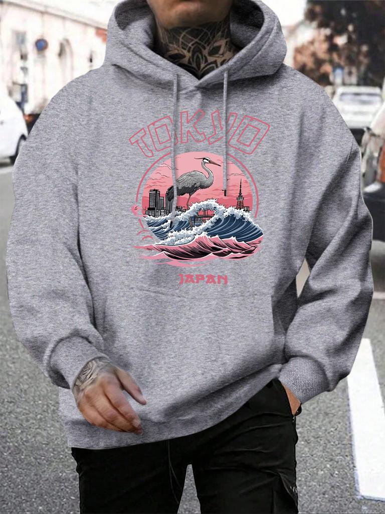 Tokio Japonia Harajuku Nadruk Żurawie Fale Męska Bluza z Kapturem Pasująca do Wszystkiego Polarowe Bluzy z Kapturem Kieszeń Męska Odzież Sportowa Swobodny Luźny Pulower