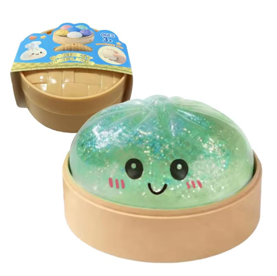 Sparkling Water Droplet Dumpling Squishy Toy with Cute Face & Mini Steamer Basket, Soft TPR Stress Relief Squeeze Toy
