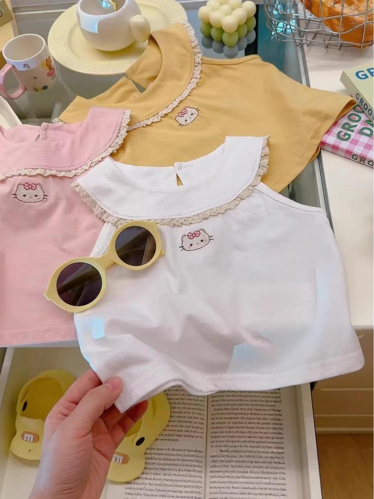 Summer Girls' Embroidered Cat Short Sleeve Pure Cotton Doll Collar Top