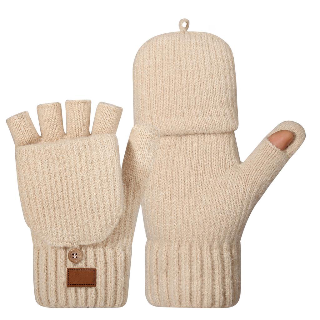 Women Knitted Half Finger Gloves Insulated Windproof Double Layer Fleece Lining Winter Outdoor