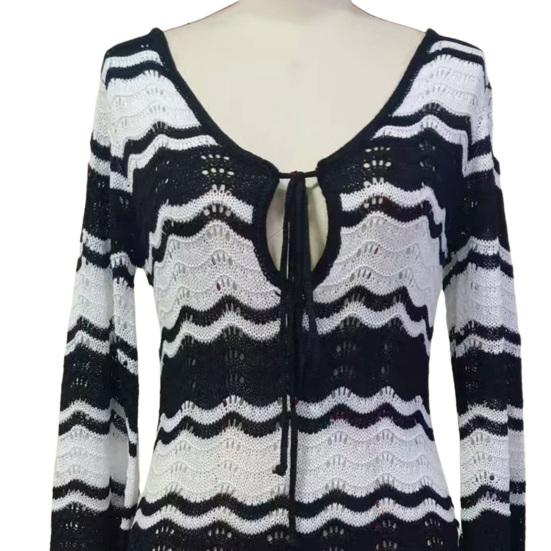 Women's Swimwear Cover-Up Striped Crochet Hollow Out Mesh Beach Dress V-Neck Tie Front Long Sleeve Summer Bathing Suit for Beach Vacation