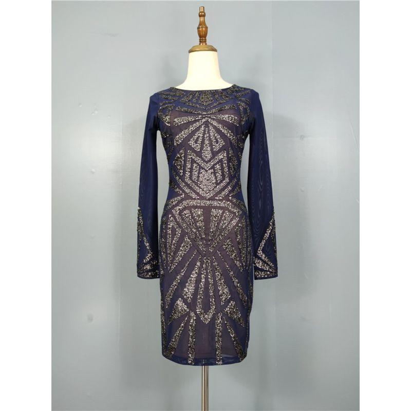 Export Li's Summer New Arrival Mesh See-through Heavy Embroidery Sequins Round Neck Slim-Fit Commute Hip Bag Elegant Dress