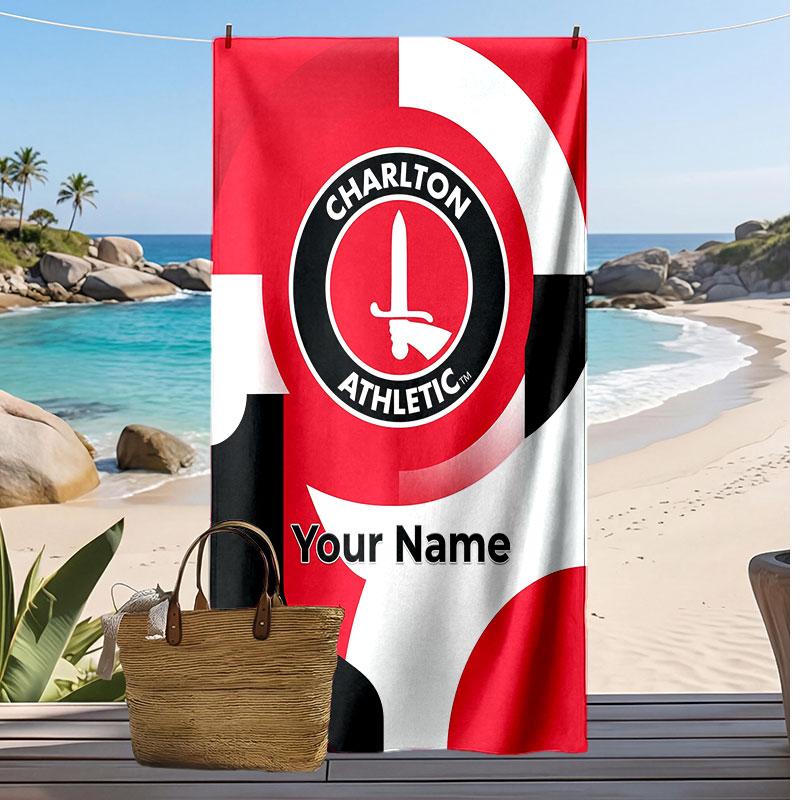Charlton Athletic Personalized Printed Beach Towel Soccer Logo Support Custom Name Text Absorbent Towel For Sport Travel Special Gift