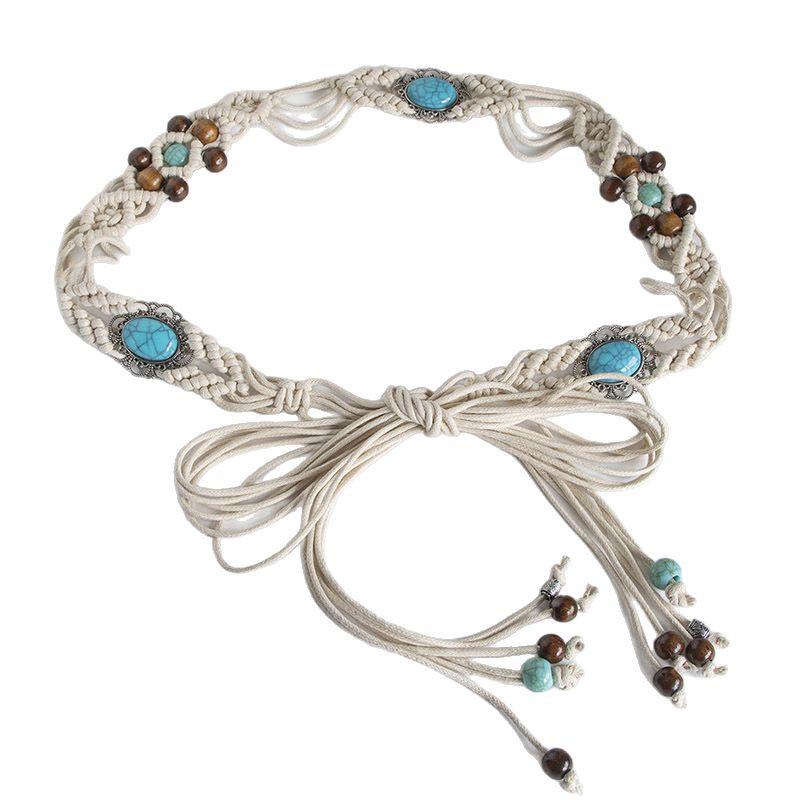 Bohemian Style Cotton Waist Belt With Turquoise Resin Beads For Summer Festival Outfits