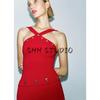 Metal Decoration Shaping Elastic Hanging Collar Jumpsuit 5584160 High Waist Mid-Length Midi Dress 5584161