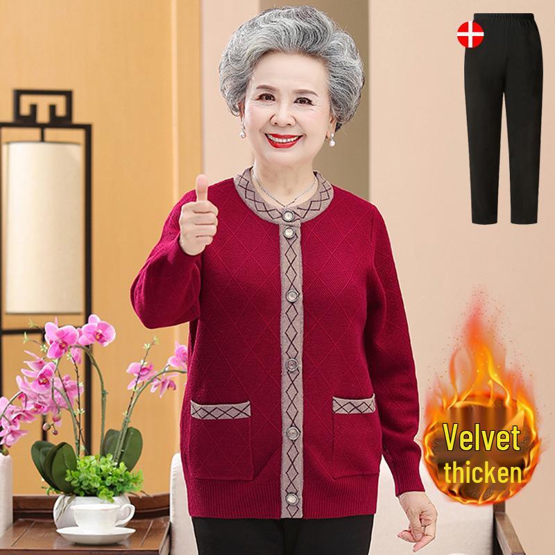 Women's Fleece-Lined Knitted Cardigan for Autumn/Winter - Ideal for Middle-Aged and Elderly.