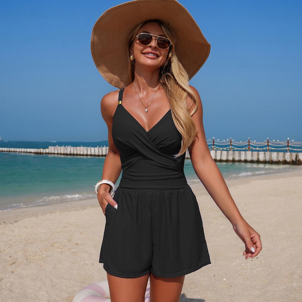 New Women's One-Piece Swimsuit — Modest, Anti-Exposure Design with Built-in Pockets and Square-Cut Shorts KTY