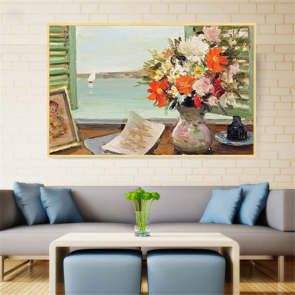 Abstract Art Landscape Window Flowers Poster Vintage Wall Art Retro Decor Canvas Oil Painting Living Room Decoration Home Boat