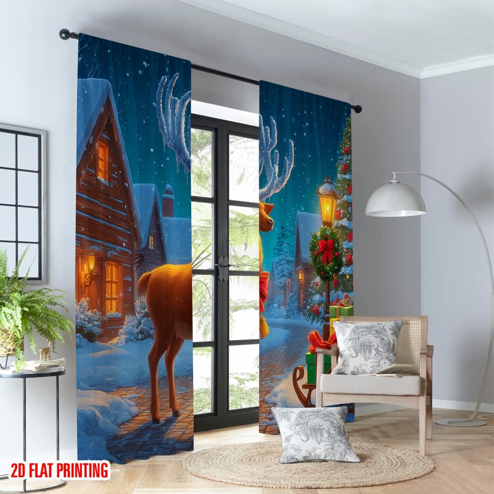 2pcs 2D flat printing Popular Christmas curtains Christmas Reindeer Gifts Sleigh Digital Printed Polyester Drapes Party &