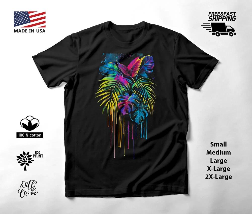 Tropical Leaves Neon Graphic T-Shirt Black Unisex S-2XL