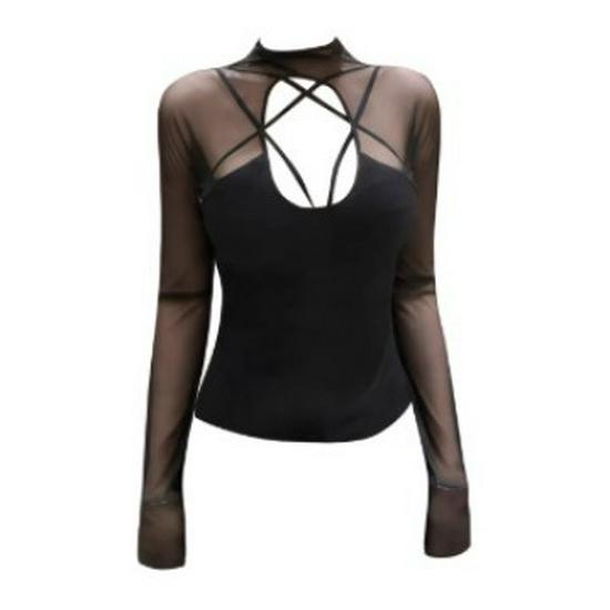 

Sweet Desire Mesh Spliced Long Sleeve Top for Women - Slim Fit Base Layer for Spring & Autumn Large