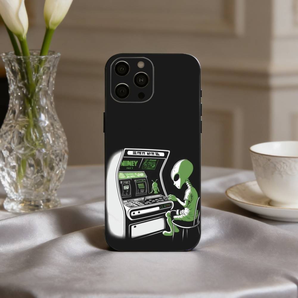 Funny S-Space UFO A-Alien T-Thing Phone Case For iPhone 17,16,15,14,13,12,11 Plus,Pro Max,XS,Soft Silicone Black Cover