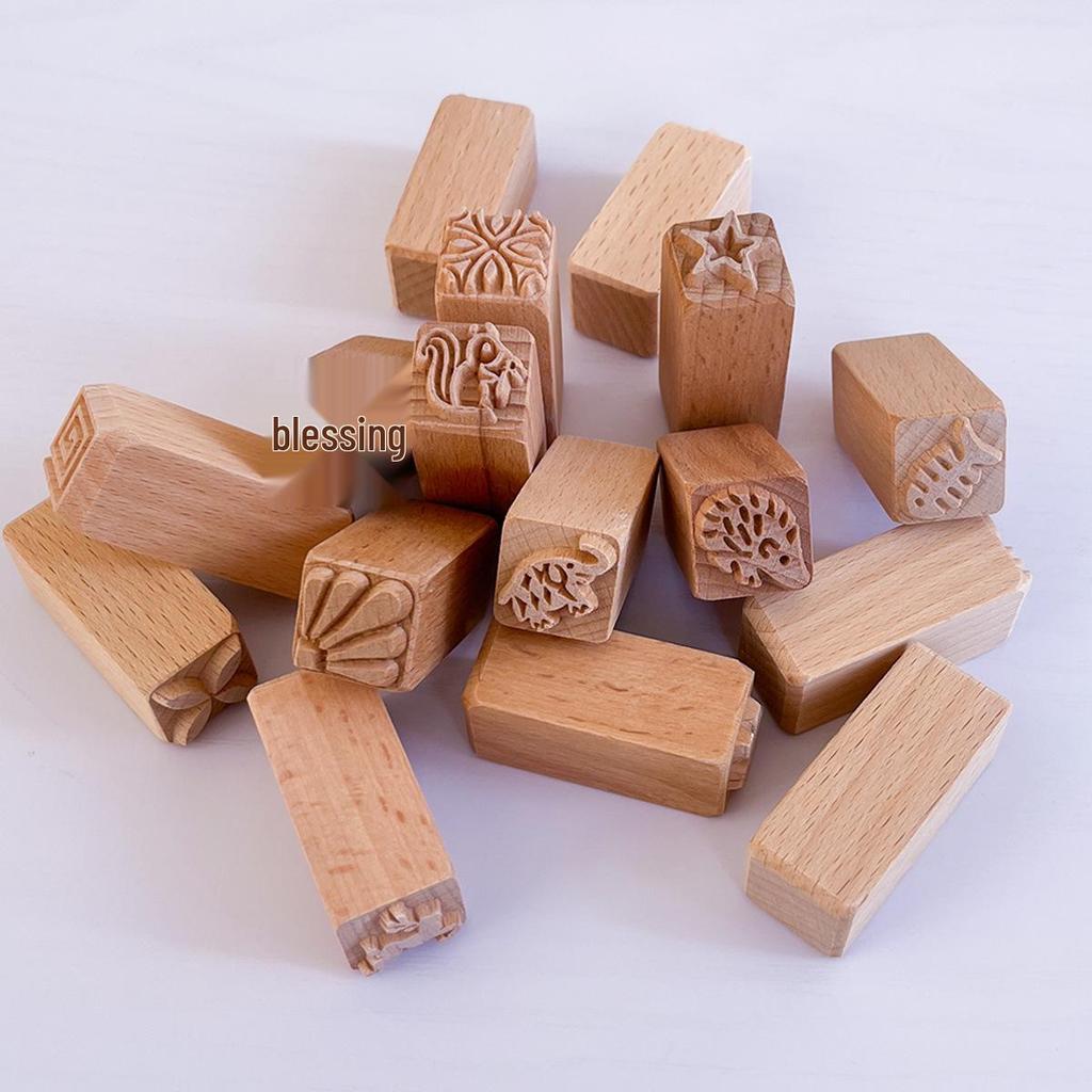 16-Piece Solid Wood & Ceramic Sculpture Tool Set: Mooncake Texture Mold Stamps - Creative Shapes