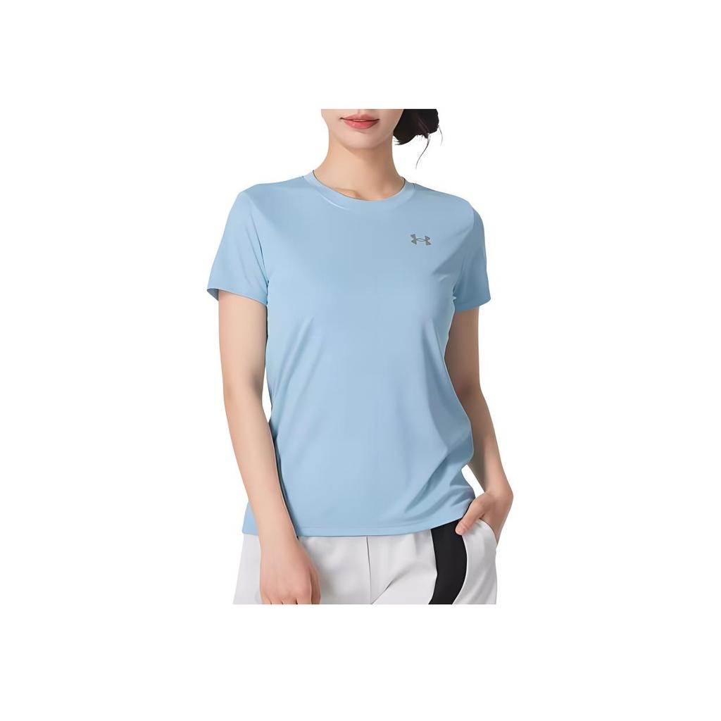Under Armour Dopamine Solid Color Brand Logo Fitness Training Breathable Short Sleeve Regular T-Shirt Women T-Shirts Blue 1384246-490
