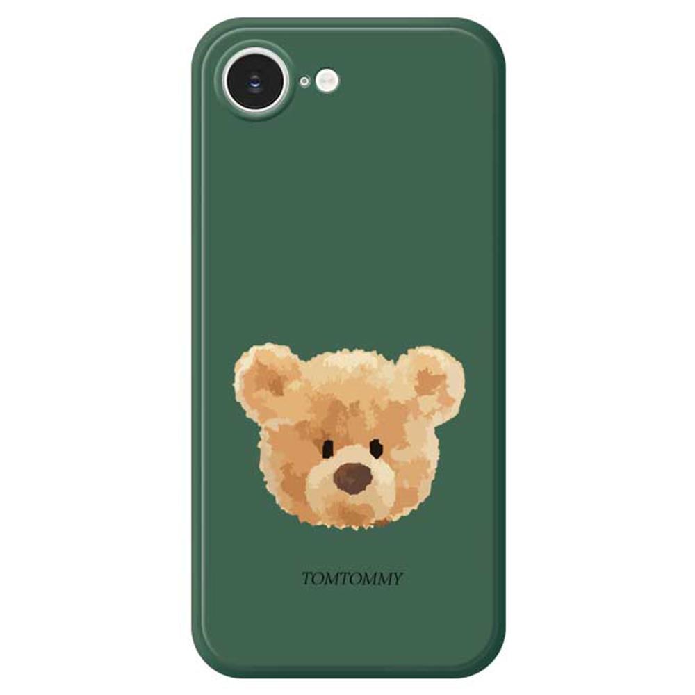 

For iPhone 16e Case Brown Bear Doll Head Pattern Printing Straight Edge TPU Phone Back Cover Green