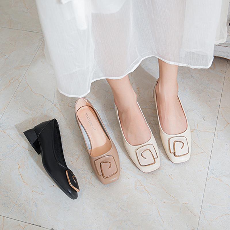 Fashion Elegant Ladies Office Dress Shoes Cow Leather Pumps Woman Medium High Heel Mary Janes Metal Button Loafers Femme Square Toe Shoe