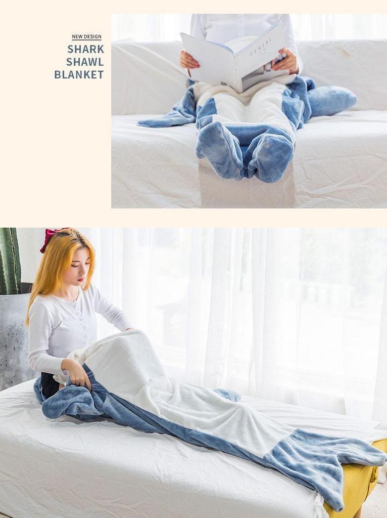 Sac de Dormit din Flanel cu Glugă de Rechin și Pijamale Cosplay - Salopetă All-in-One Caldă și Moale