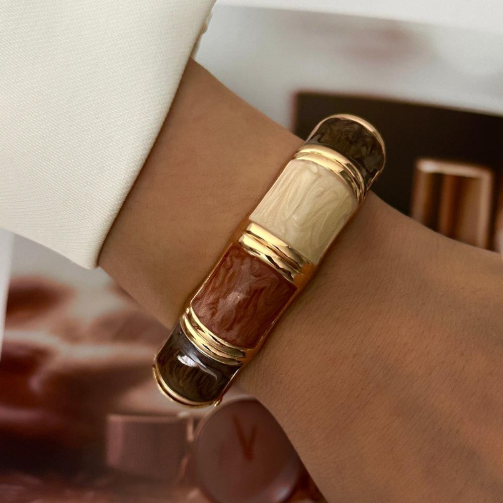 Geometric Striped Vintage Coffee Brown Enamel Wide Cuff Bracelet Open Bracelet Daily Party