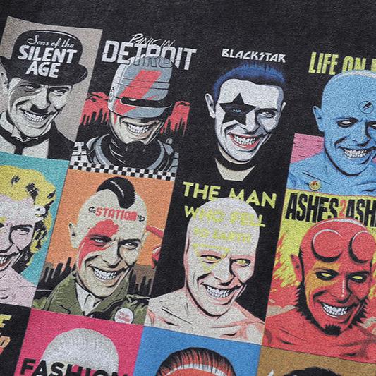 T-shirt a maniche corte lavata effetto invecchiato, stampa a iniezione diretta, ritratto spoof retrò americano, taglia oversize da uomo e da donna, manica a metà