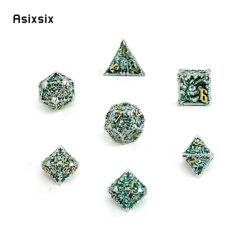 7 Pcs Silver Green Octopus Metal Dice Hollow Metal Polyhedral Dice Set Suitable for Role-Playing RPG  Board Game Card Game
